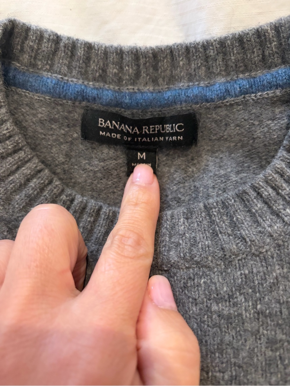 Banana Republic Gray wool Crewneck Sweater with Blue Trim